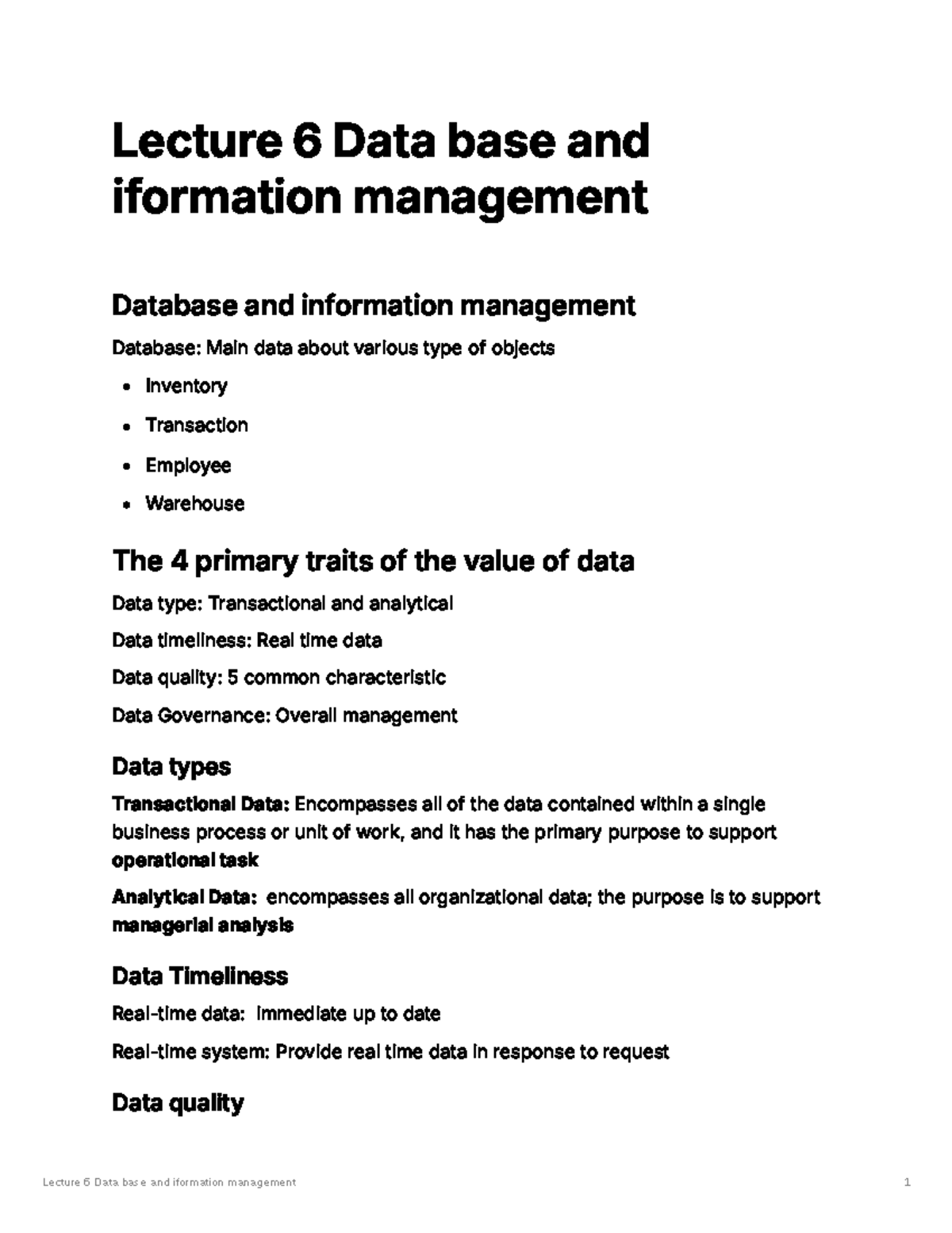 Lecture 6: Database & Information Management Overview - Studocu
