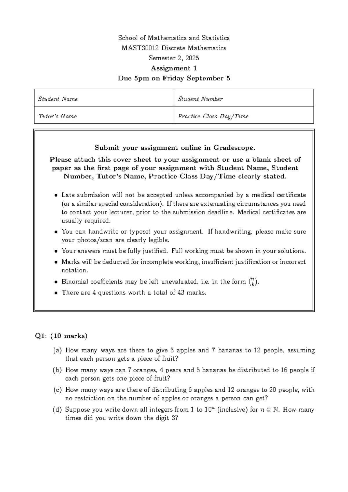 MAST30012 2025 S2 Discrete Math Assignment 1 Guidelines - Studocu