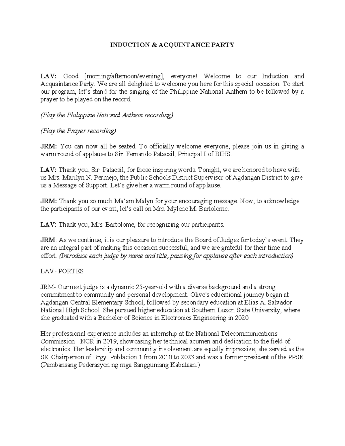 Induction & Acquaintance Party Script: Overview & Program Flow - Studocu