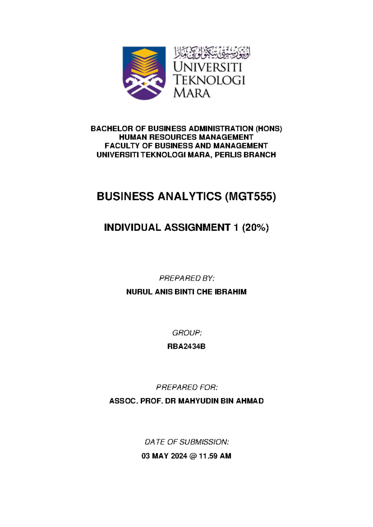 MGT555 Individual Assignment - BACHELOR OF BUSINESS ADMINISTRATION ...