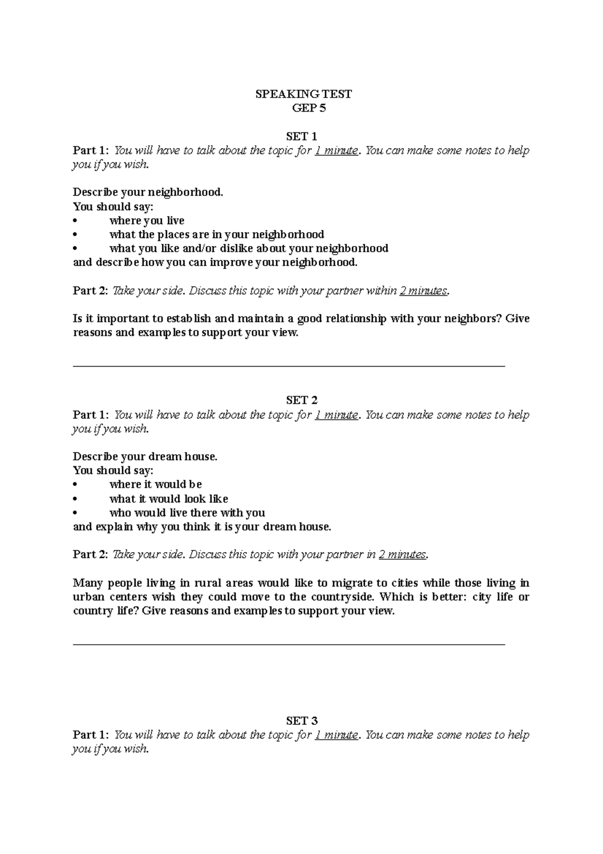 GEP 5 Speaking Test: Practice Sets and Discussion Topics for HK1A - Studocu