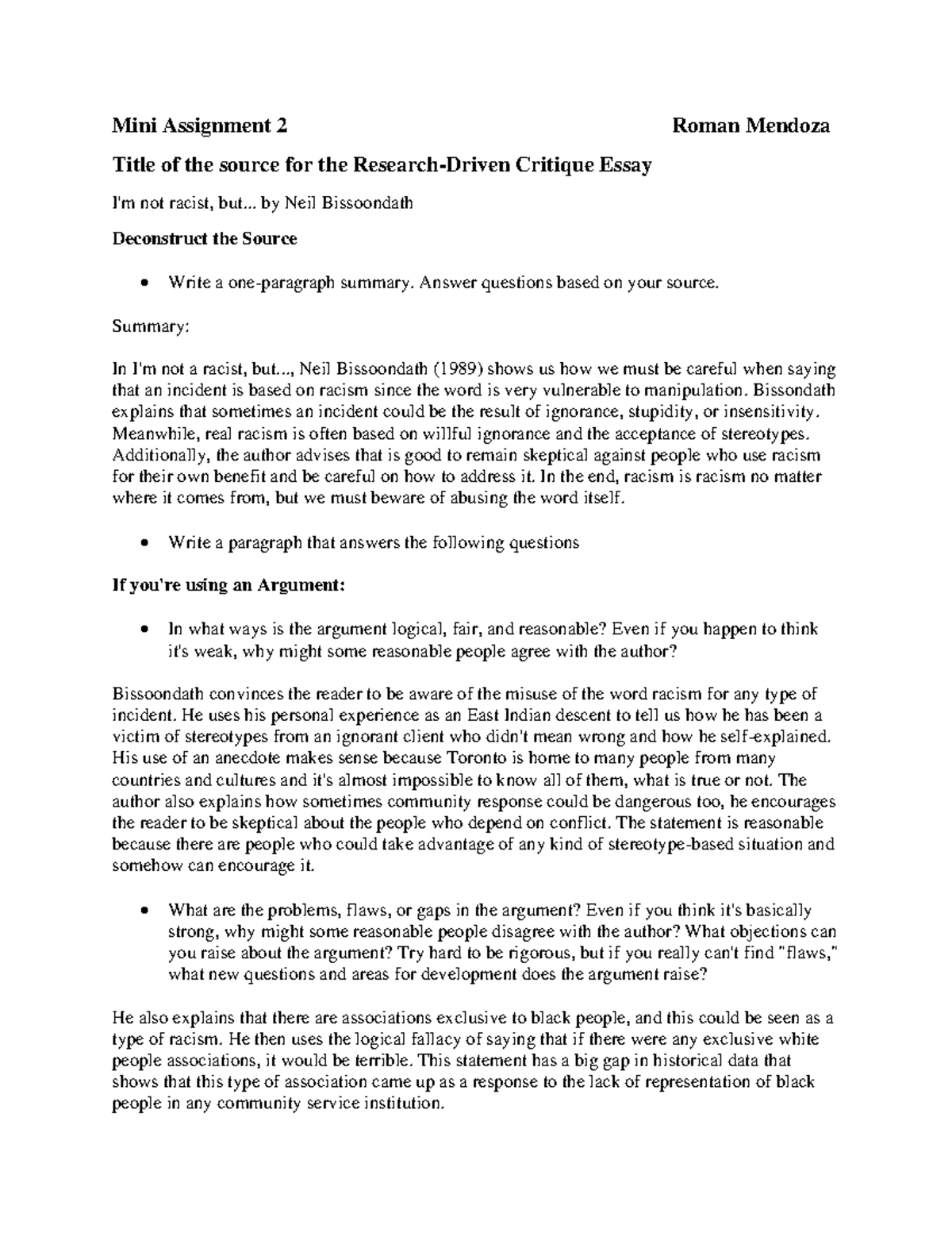 COMM 171 - Mini Assignment 2: Research Critique Essay Analysis - Studocu