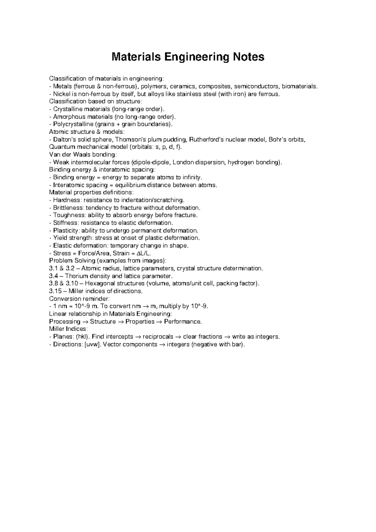 Materials Engineering Notes Classification Properties Of Materials