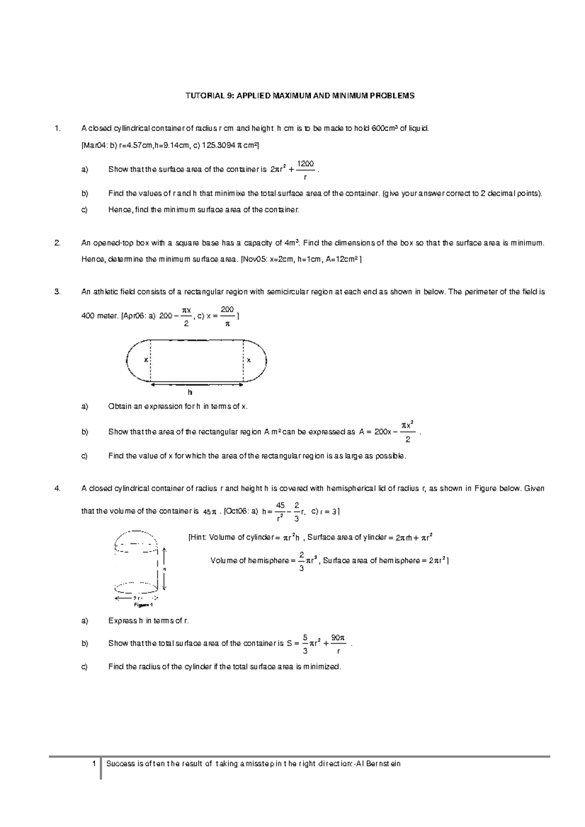 Applied Max and Min Problems - Tutorial 9 (Course Code: TUTORIAL 9 ...