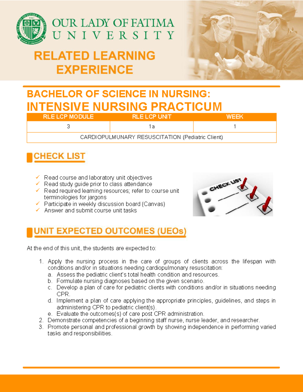 BACHELOR OF SCIENCE IN NURSING: WEEK 3 RLE LCP MODULE - PEDIATRIC CPR ...