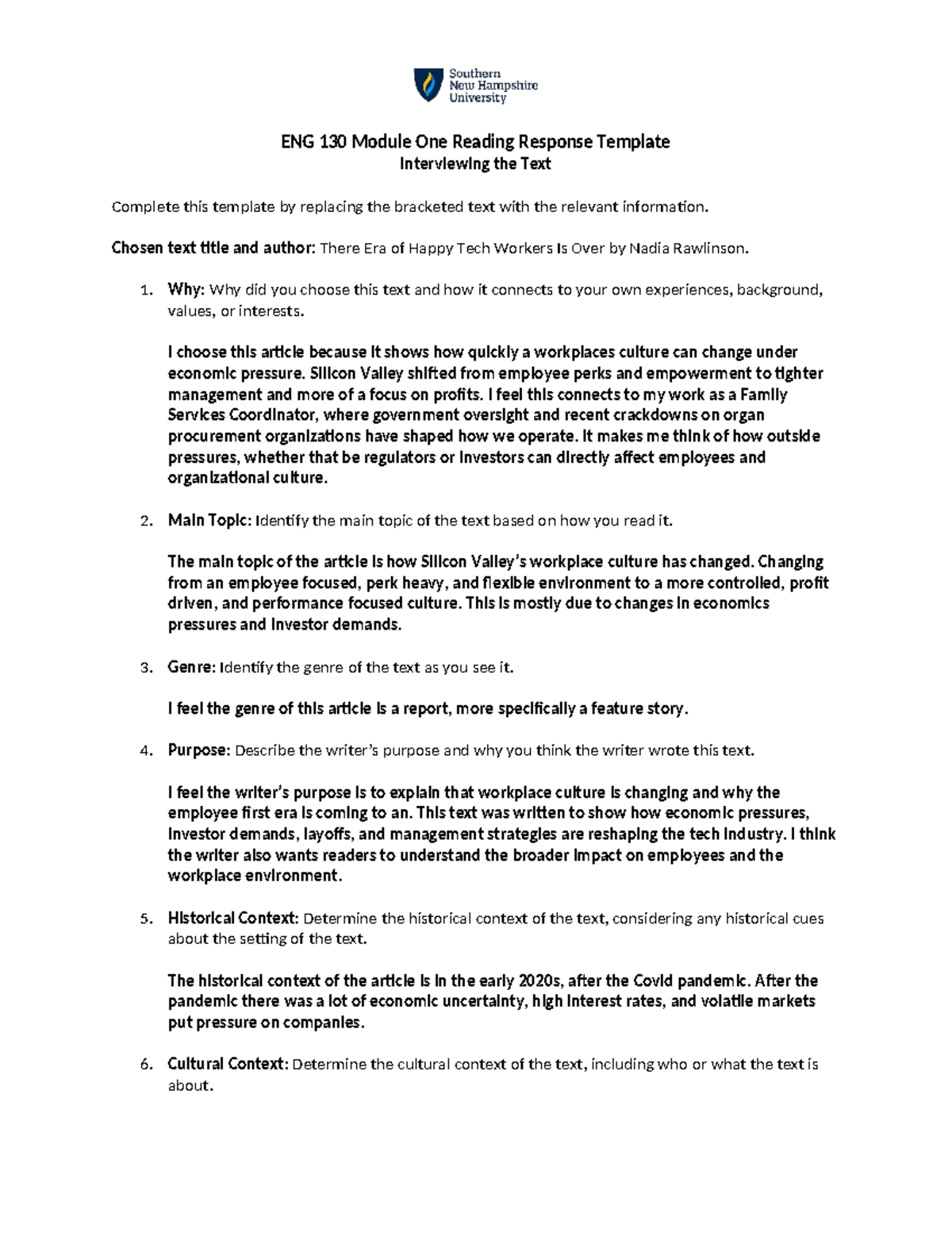 ENG 130 Module One Reading Response: Analyzing Workplace Culture Shift ...