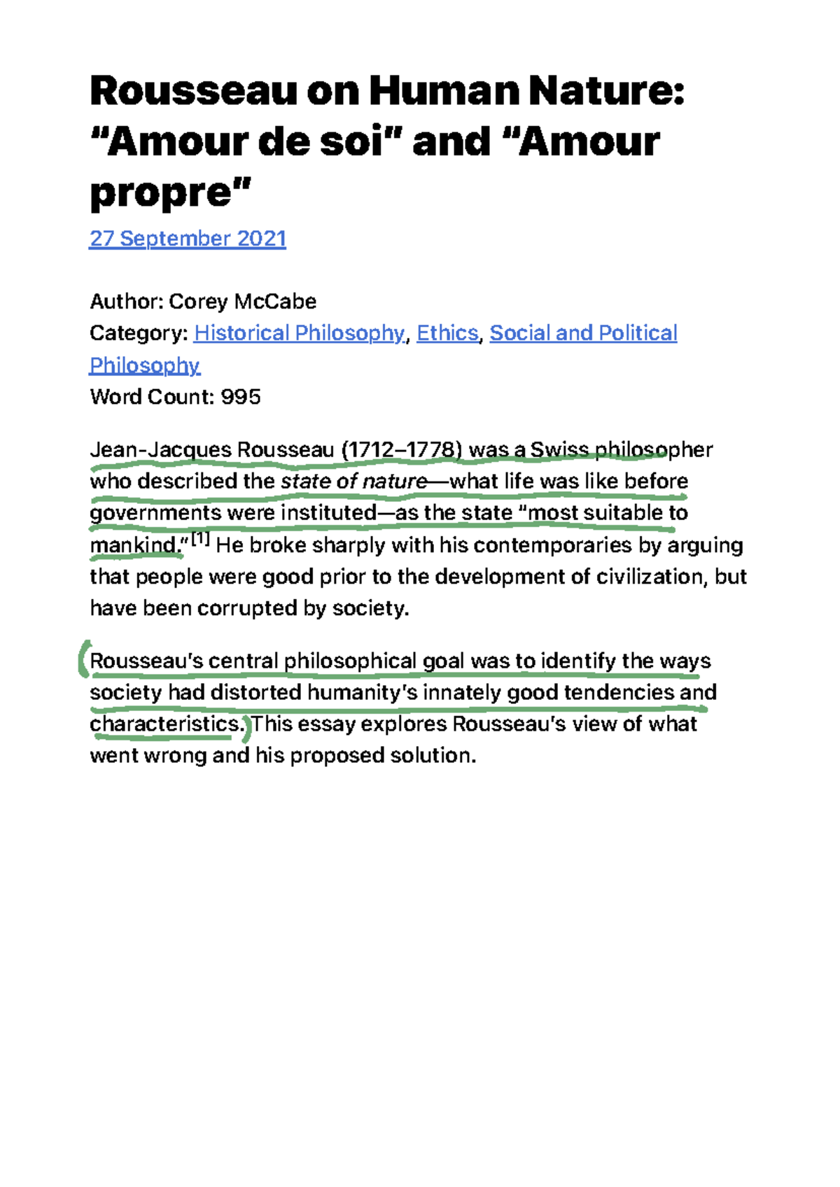 MPP — Lecture Notes on Rousseau's View of Human Nature - Studocu