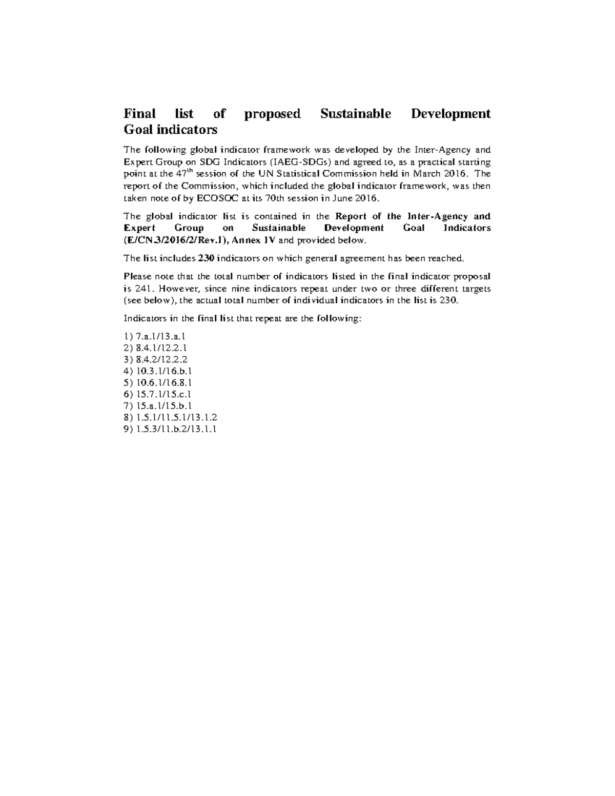 SDG - Final List of Proposed Sustainable Development Goal Indicators ...