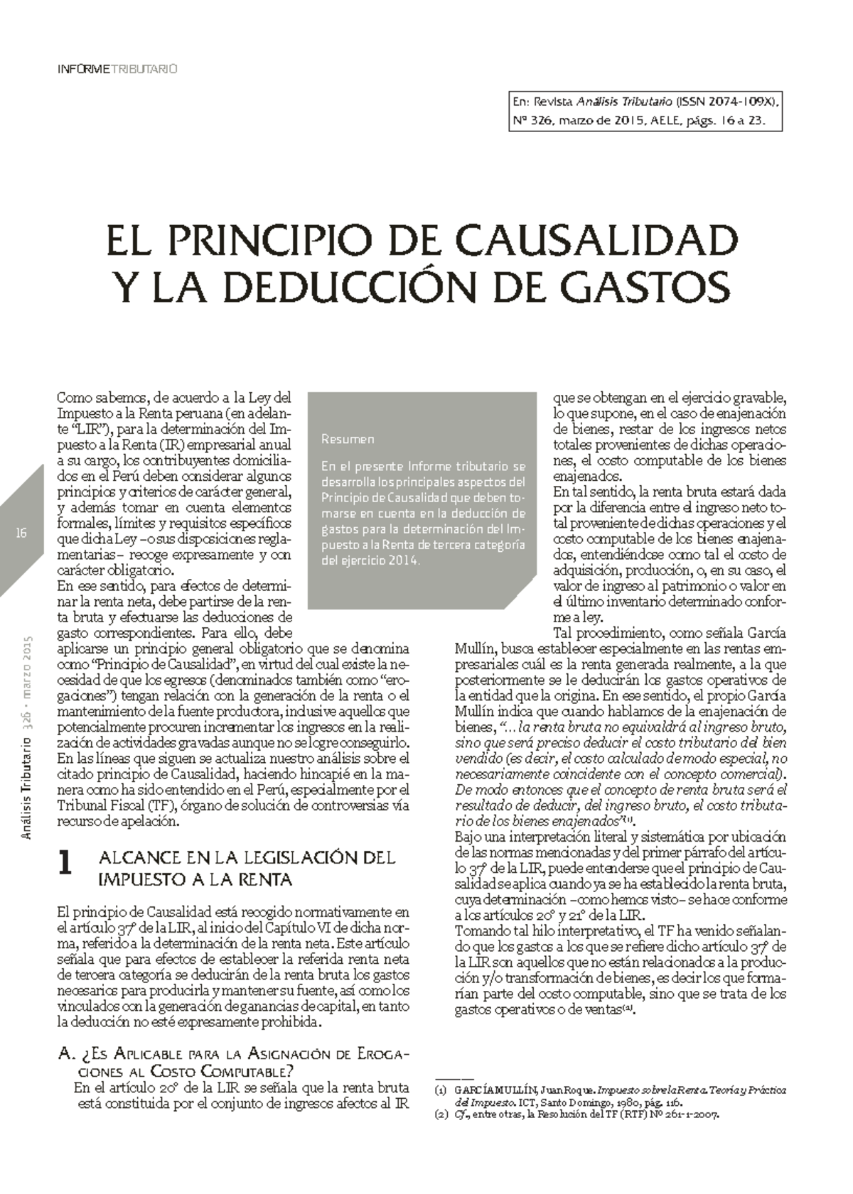 El Principio de Causalidad y la Deducción de Gastos - Análisis ...