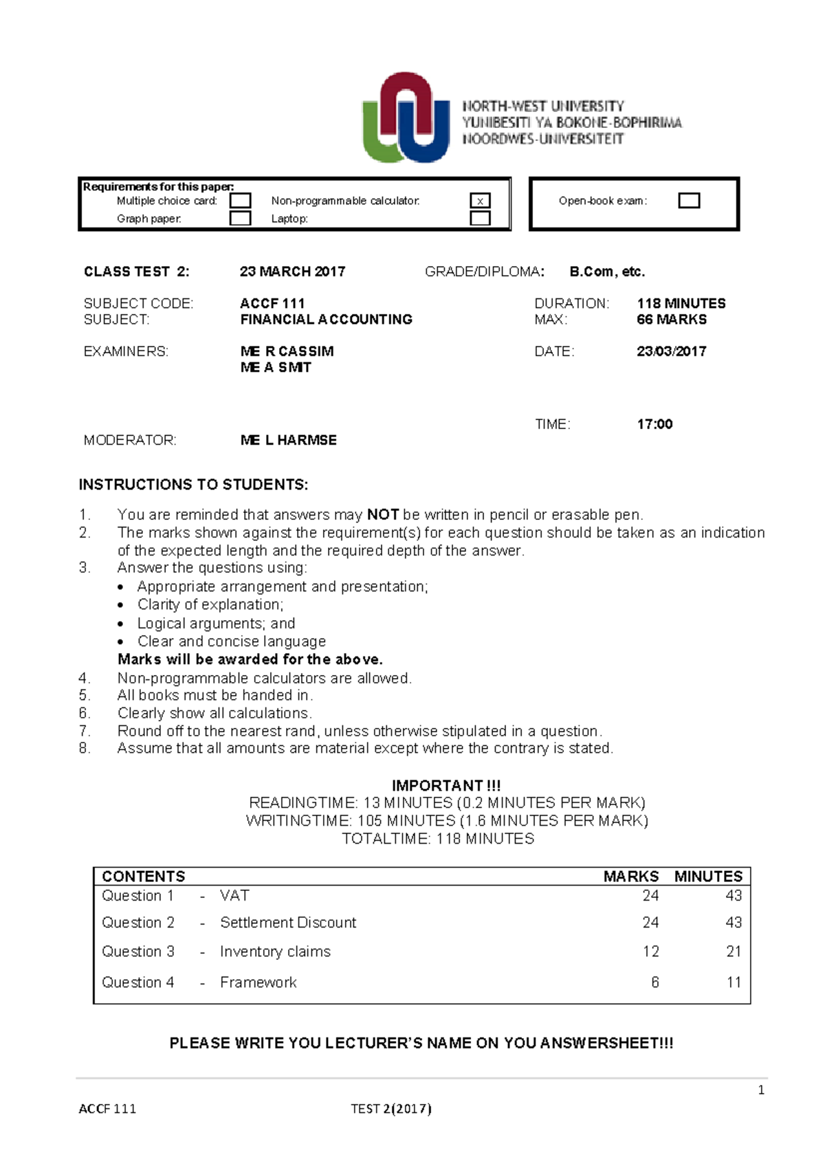 ACCF 111 Class test 2 requirements and instructions for 2017 - Studocu