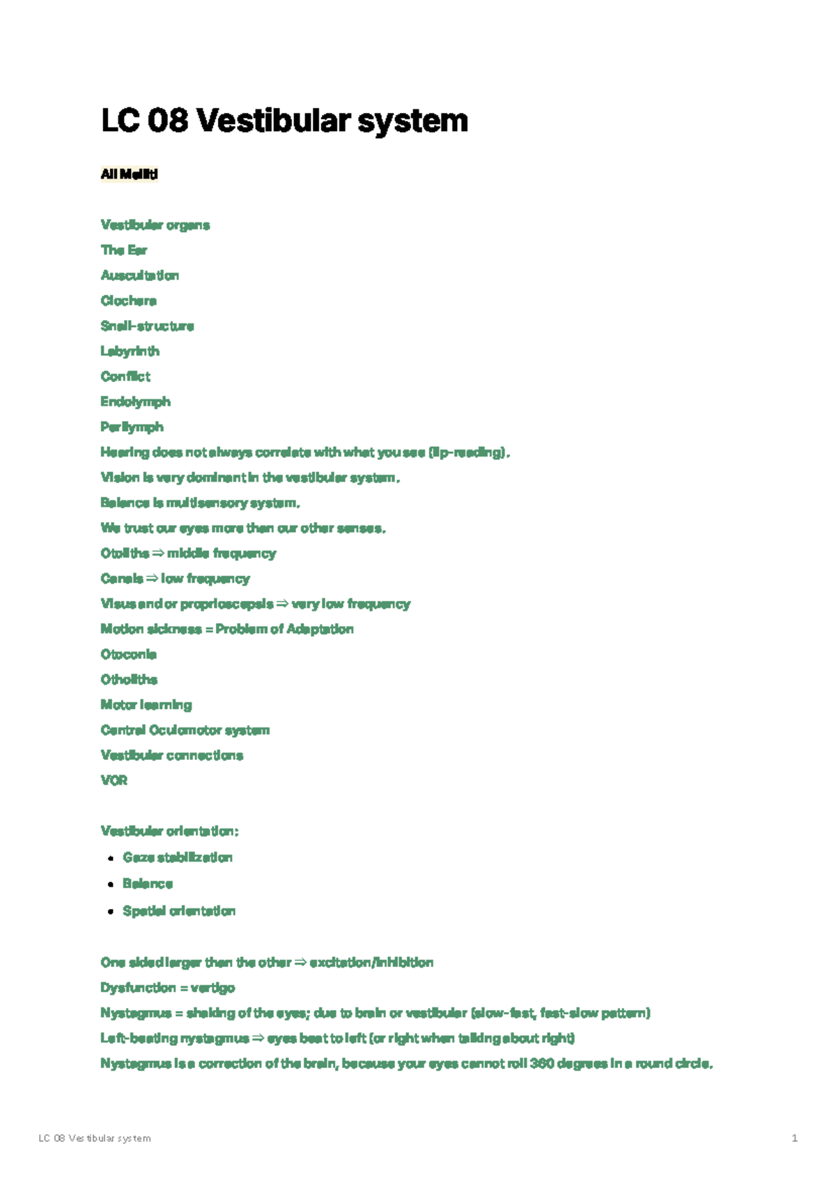 LC 08 Vestibular System - Comprehensive Study Notes - Studeersnel