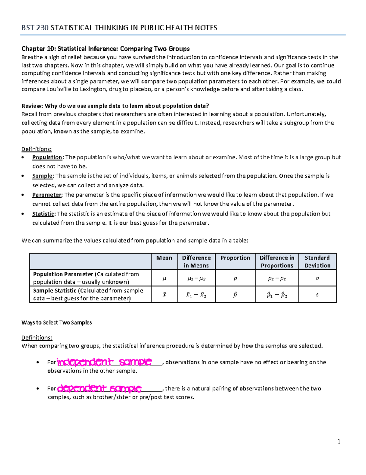 BST 230 Final Exam Notes: Statistical Inference & Comparing Two Groups ...
