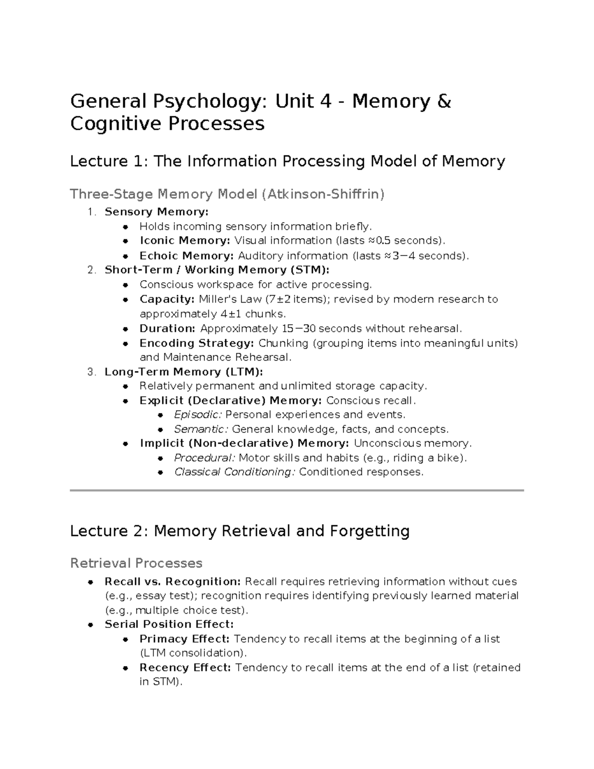 General Psychology PSY101: Unit 4 Memory Cognitive Processes Lecture ...