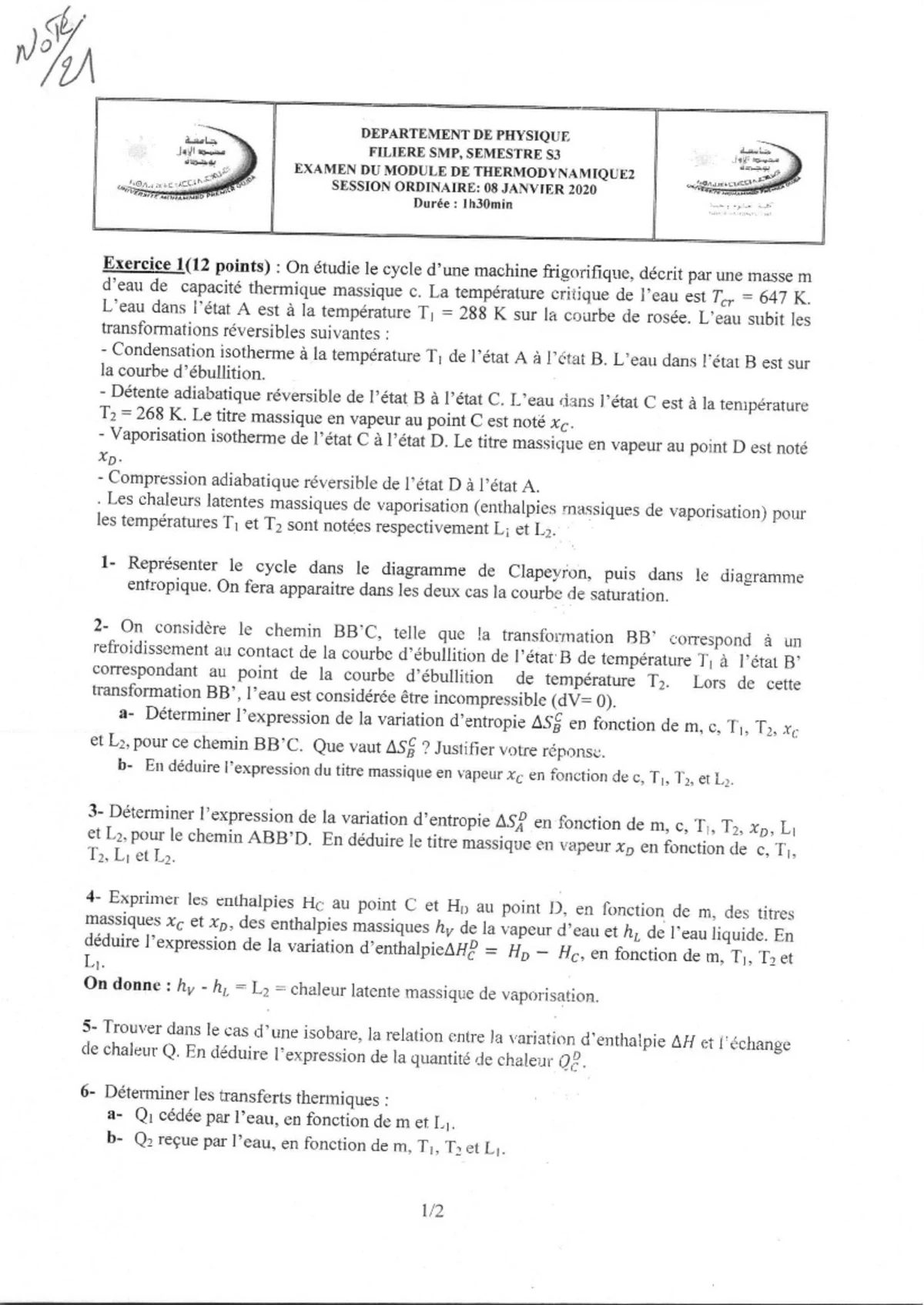TD 1 - Thermodynamique: Exercice et Principes Fondamentaux - Studocu