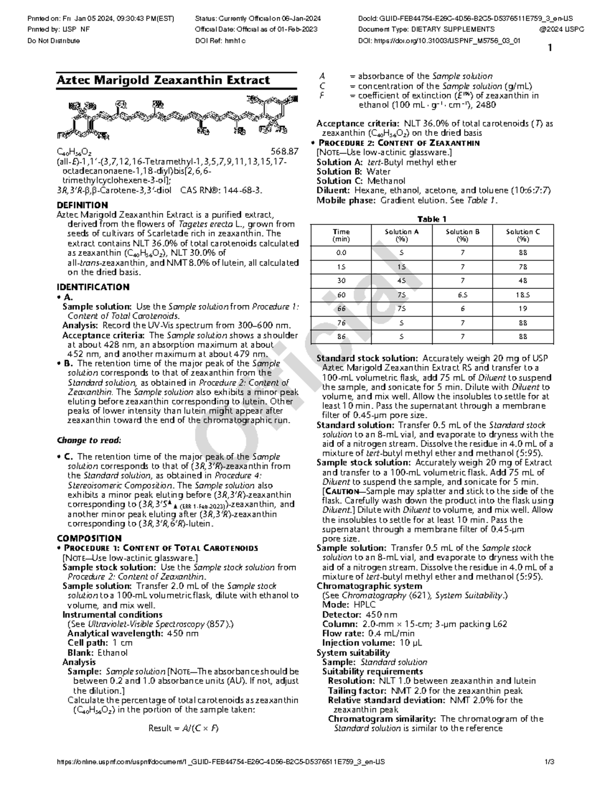 USP NF Dietary Supplements: Aztec Marigold Zeaxanthin Extract Analysis ...