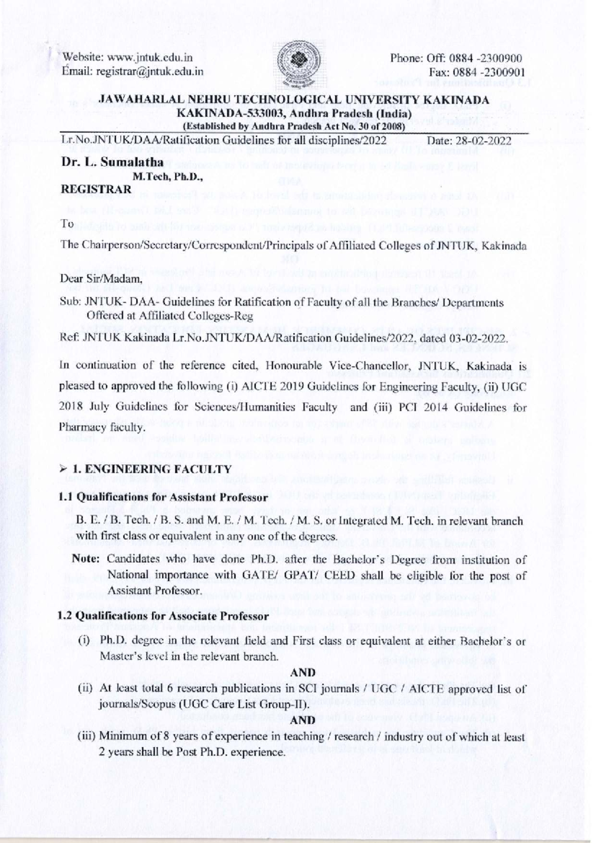 Ratification Guidelines for Faculty Positions at JNTUK Kakinada - Studocu