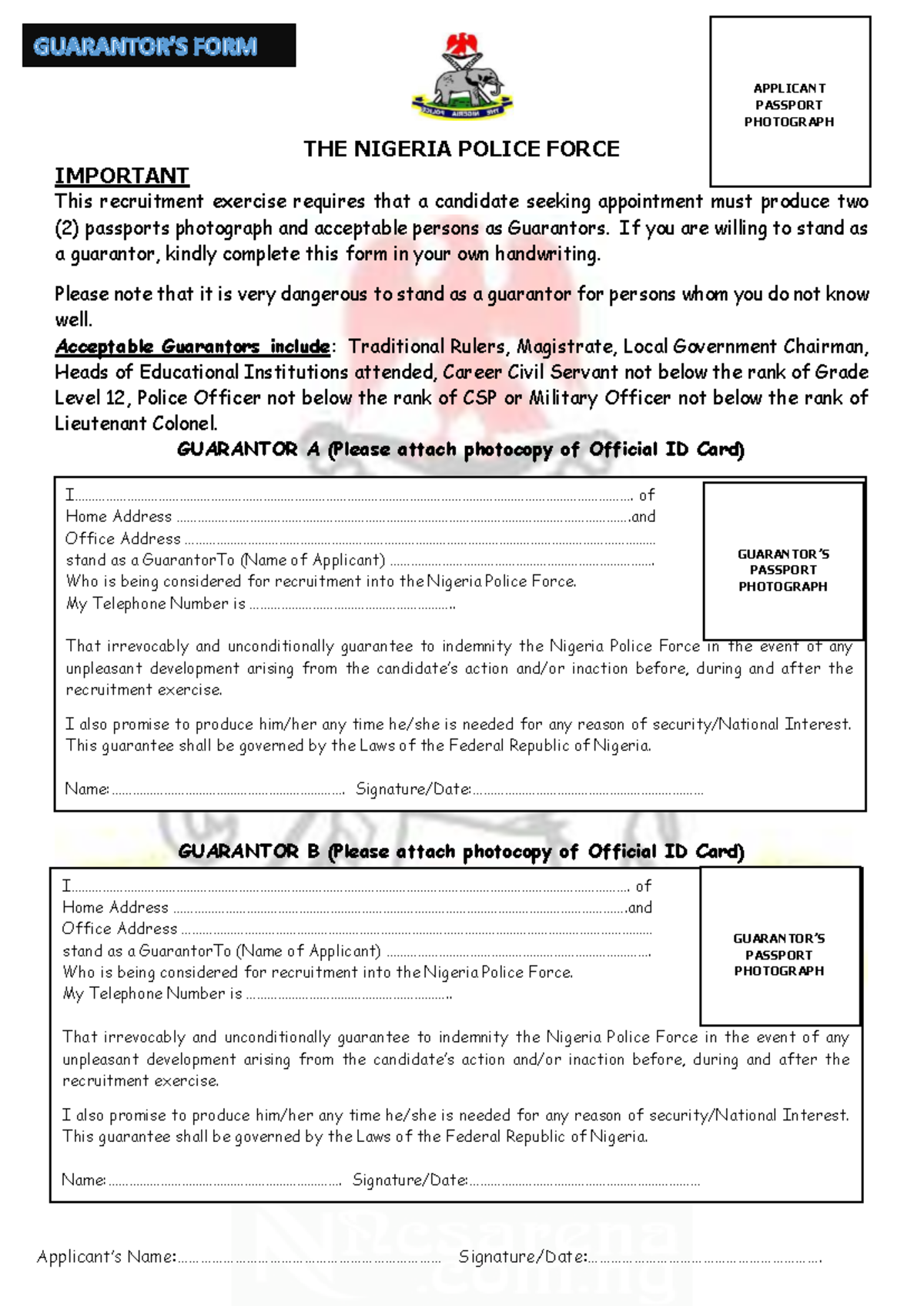 Police Guarantor Form NPF Recruitment - THE NIGERIA POLICE FORCE ...