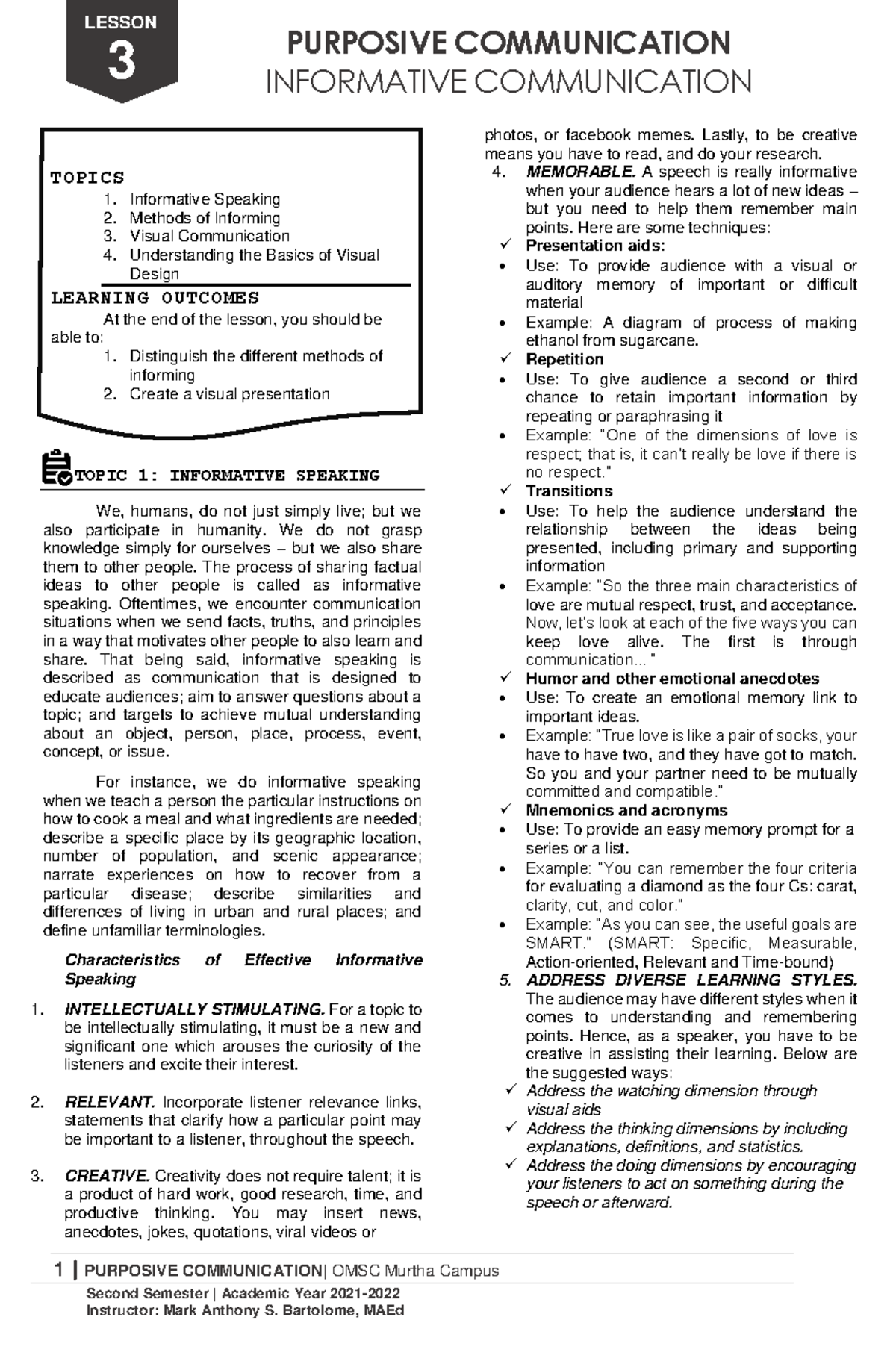 Lesson 3: Informative Communication in Purposive Communication (OMSC ...