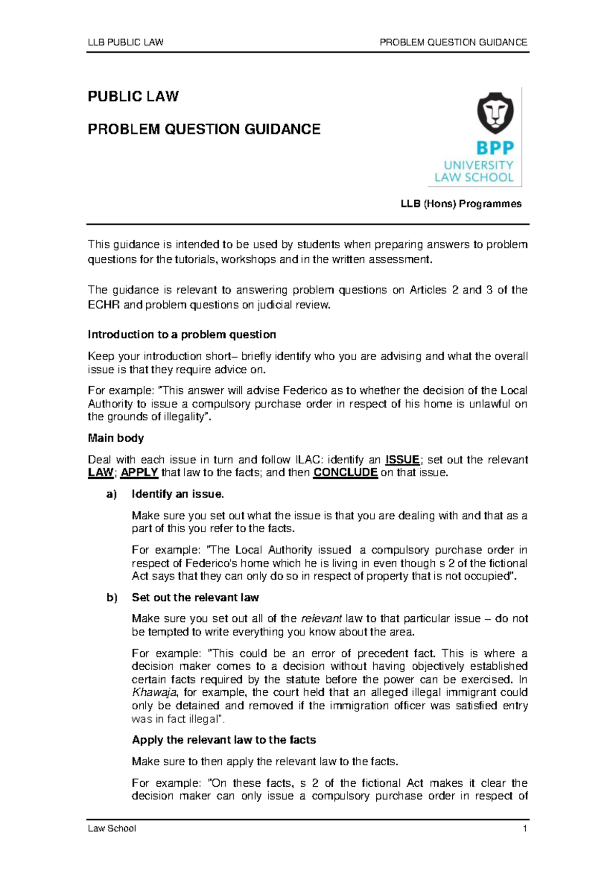 LLB Public Law Problem Question Guidance for Assessments - Studocu