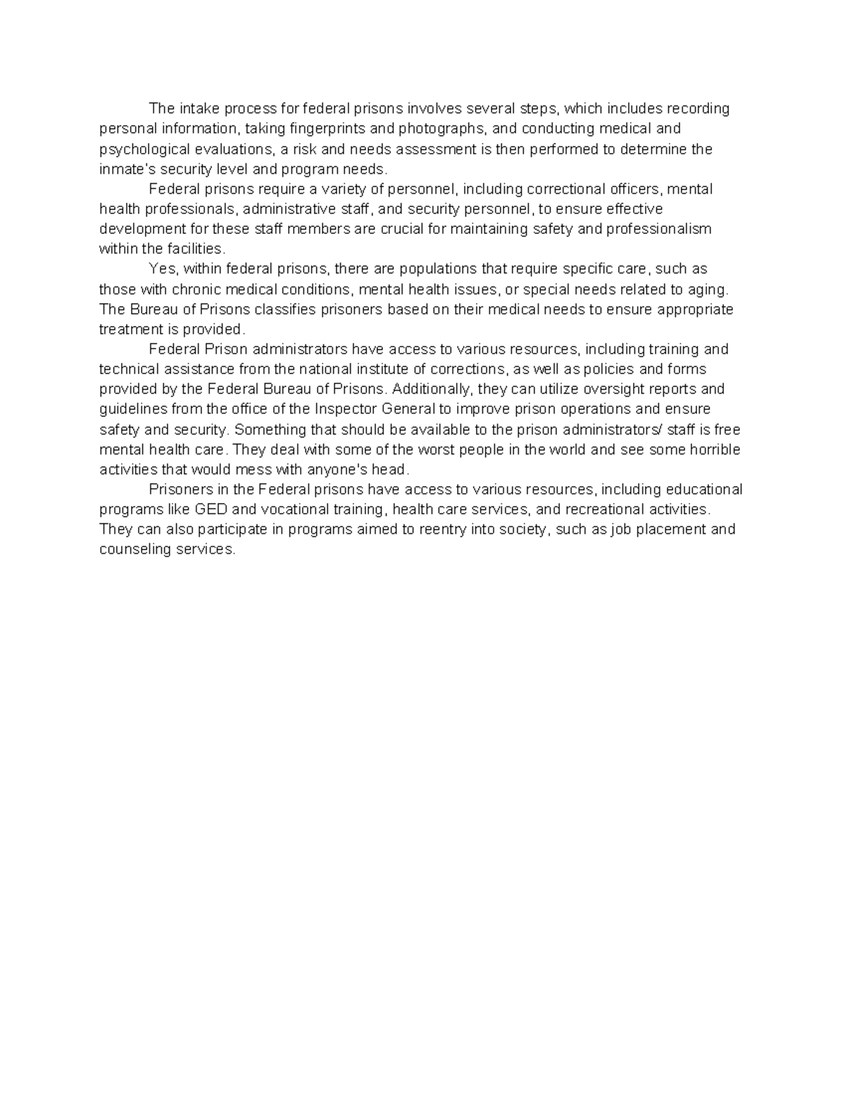 Federal Prisons Intake Process: Steps and Resources Overview - Studocu