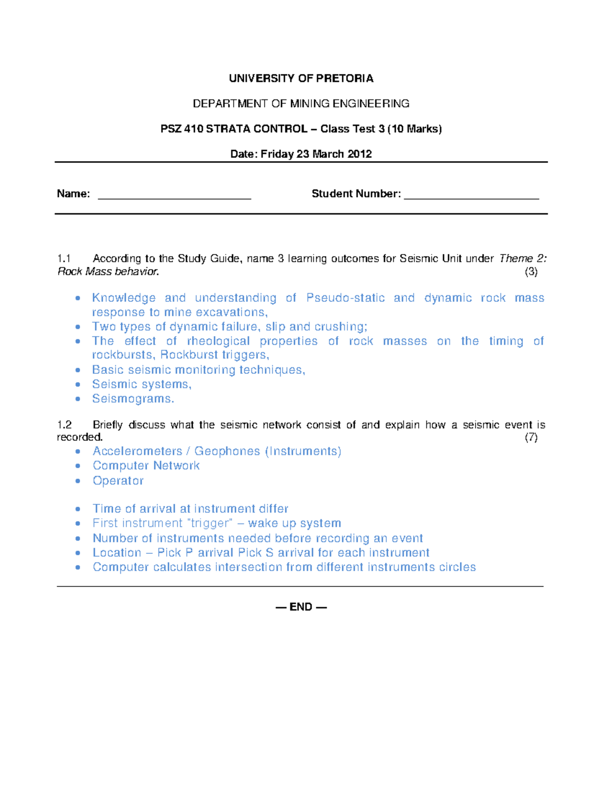 PSZ 410 Strata Control Class Test 3 Memo - Seismic Unit Insights - Studocu