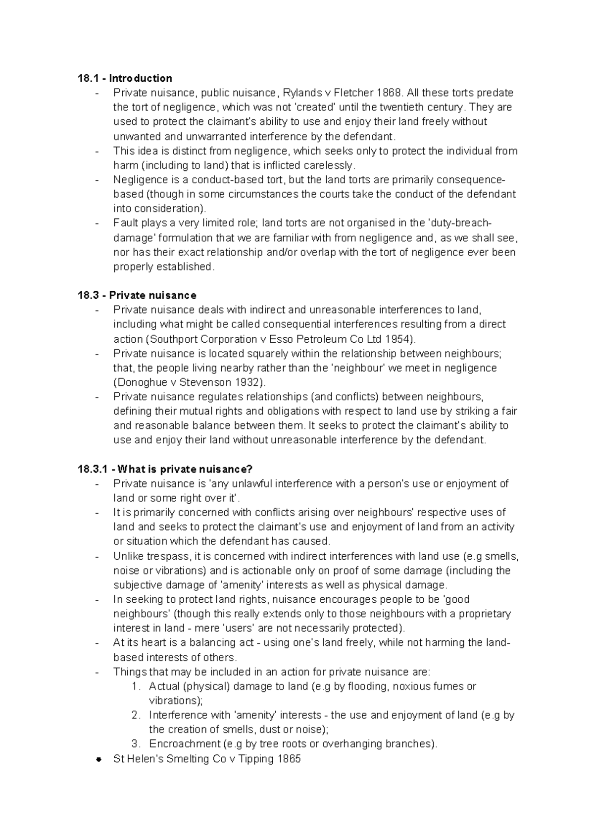 Tort Law - Unit 9: Private Nuisance & Rylands v Fletcher Overview - Studocu
