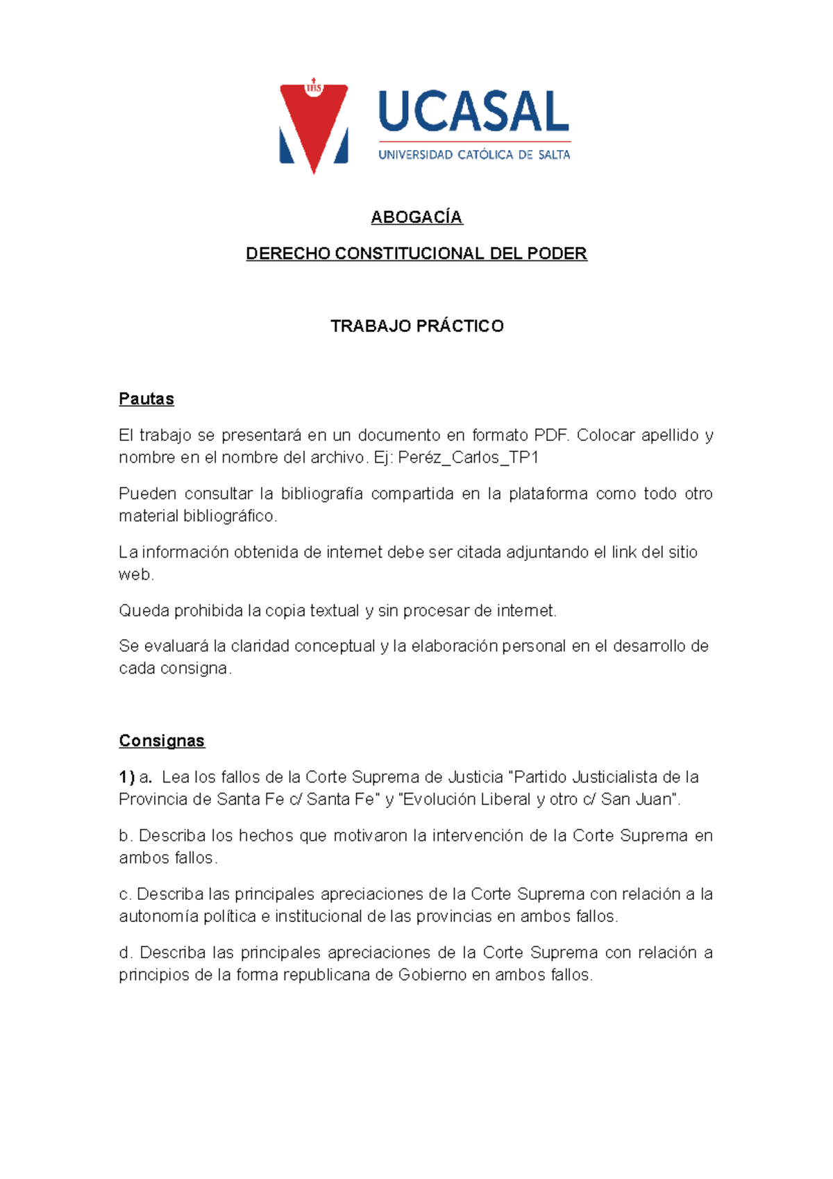 Derecho Constitucional del Poder - TP N° 1-1: Trabajo Práctico - Studocu