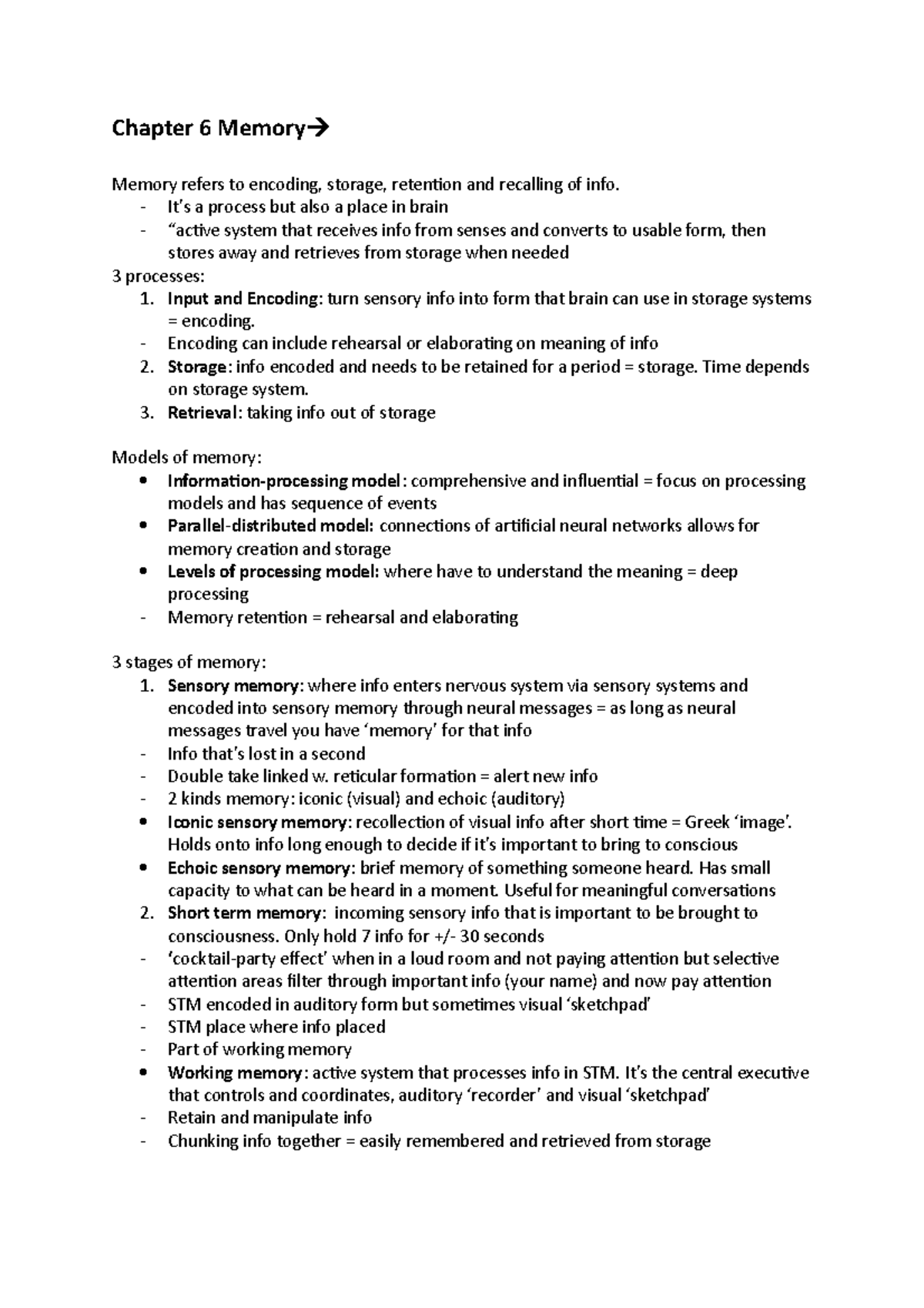 Textbook summary for Chapter 6 Memory - Chapter 6 Memory Memory refers ...