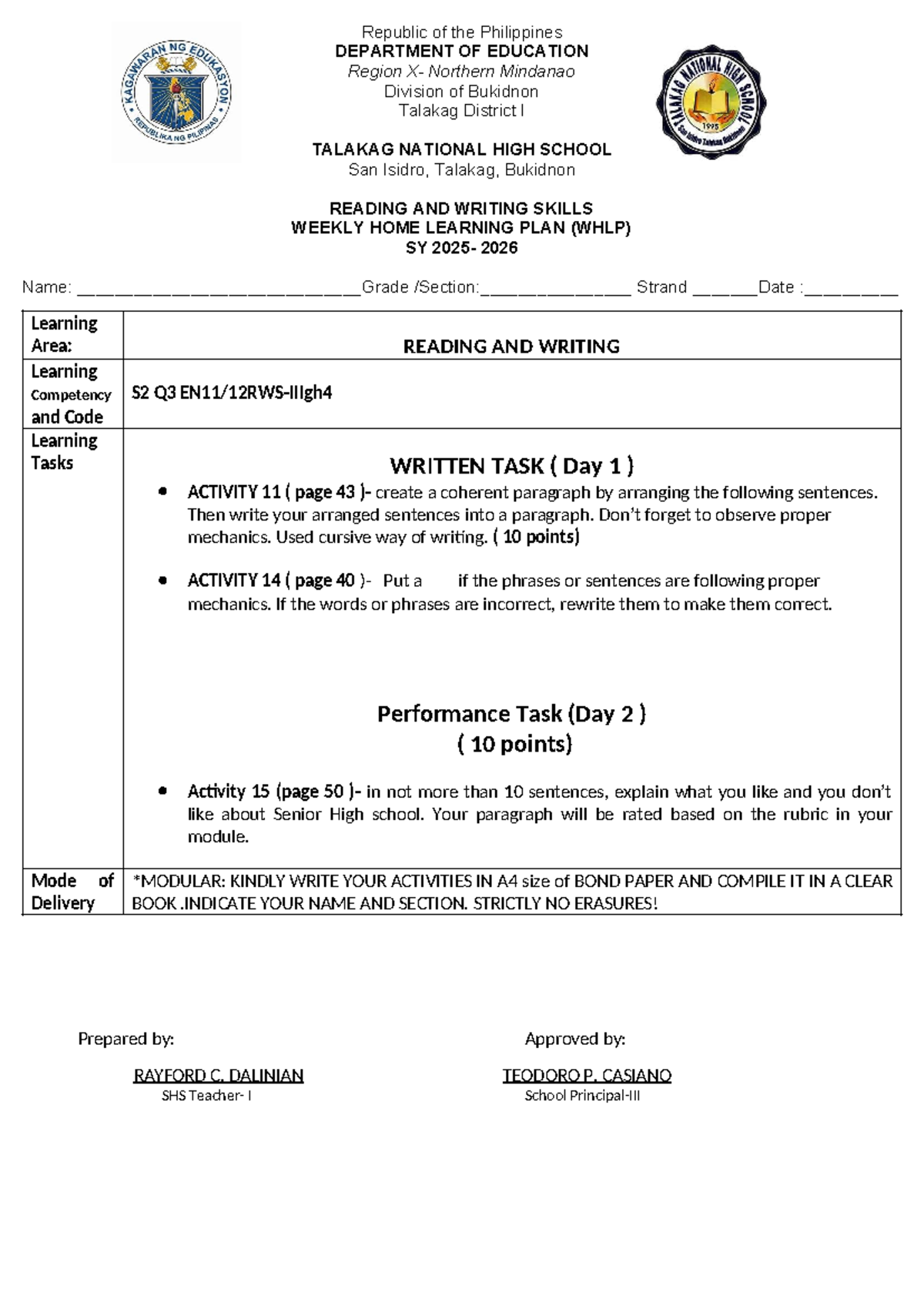 Weekly Home Learning Plan (WHLP) for Reading and Writing Skills S2 Q3 ...