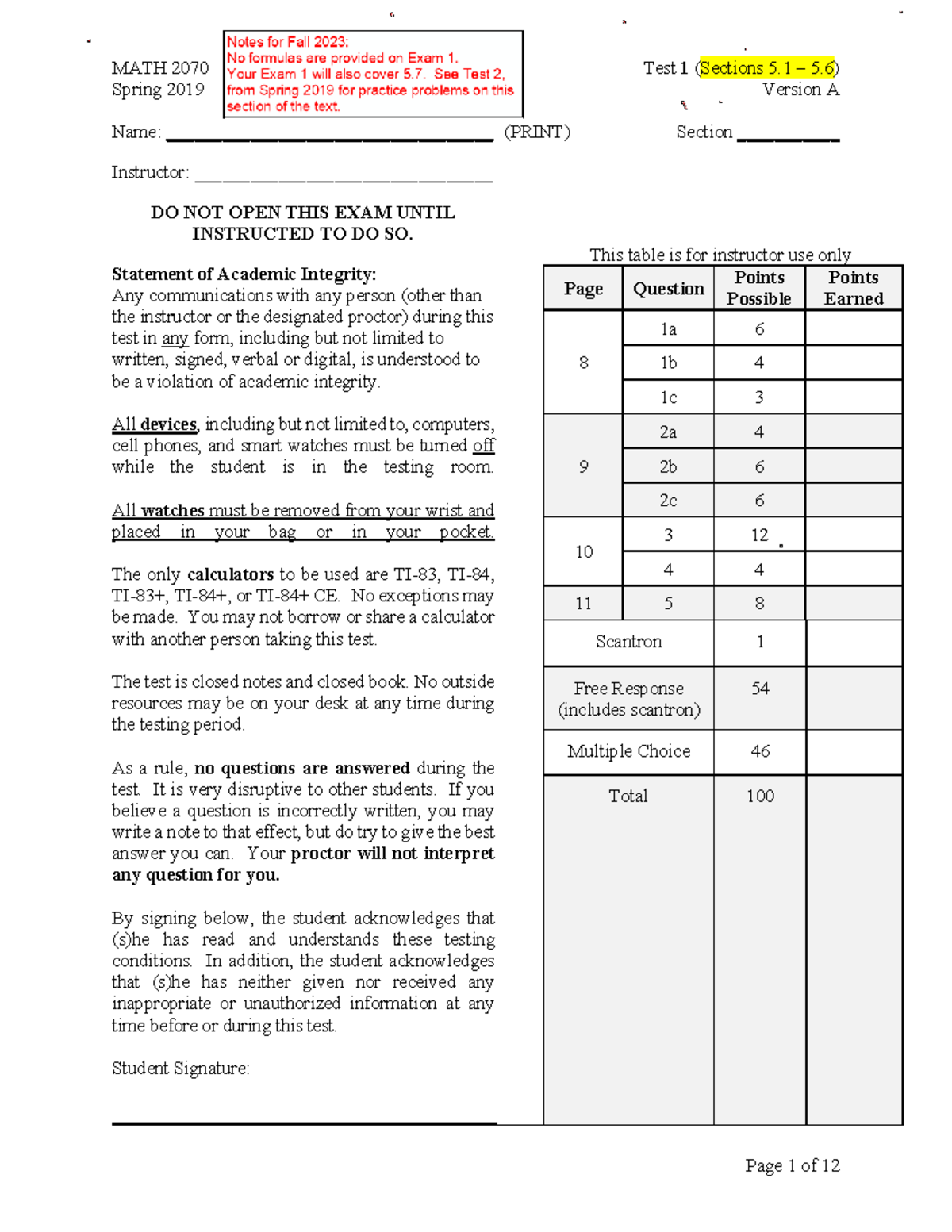 MATH 2070 Test 1 (Sections 5.1-5.6) Spring 2019 Version A - Studocu