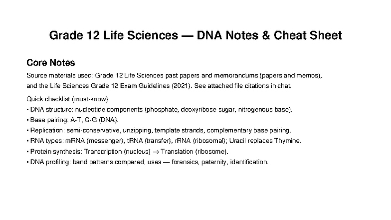 Grade 12 Life Sciences DNA Notes & Cheat Sheet (2021) - Studocu