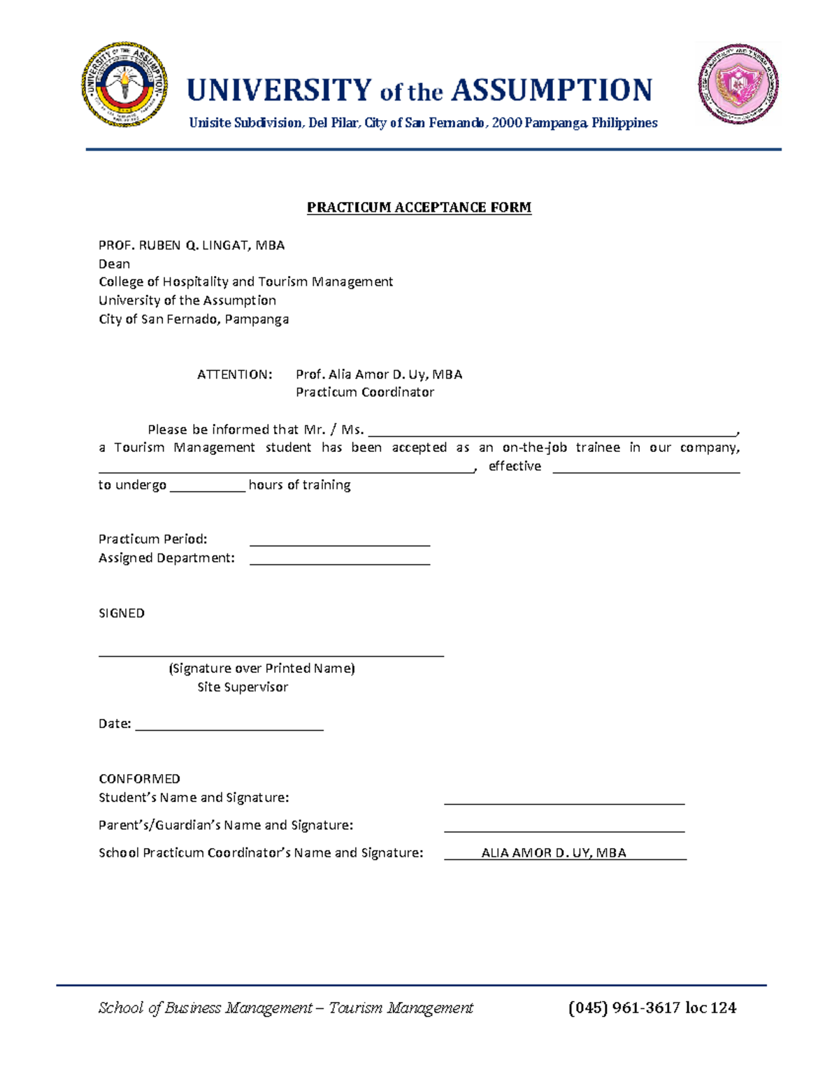 Confirmation Slip - Practicum Acceptance Form for Tourism Management ...
