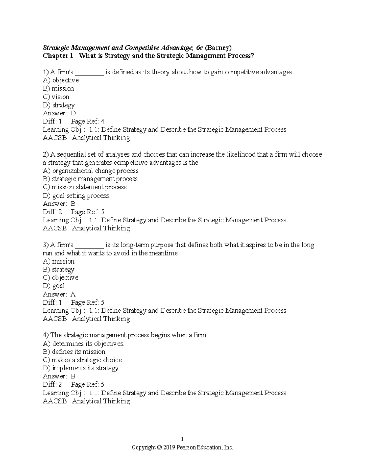 Strategic Management Test Bank: Chapter 1 Insights and Concepts - Studocu