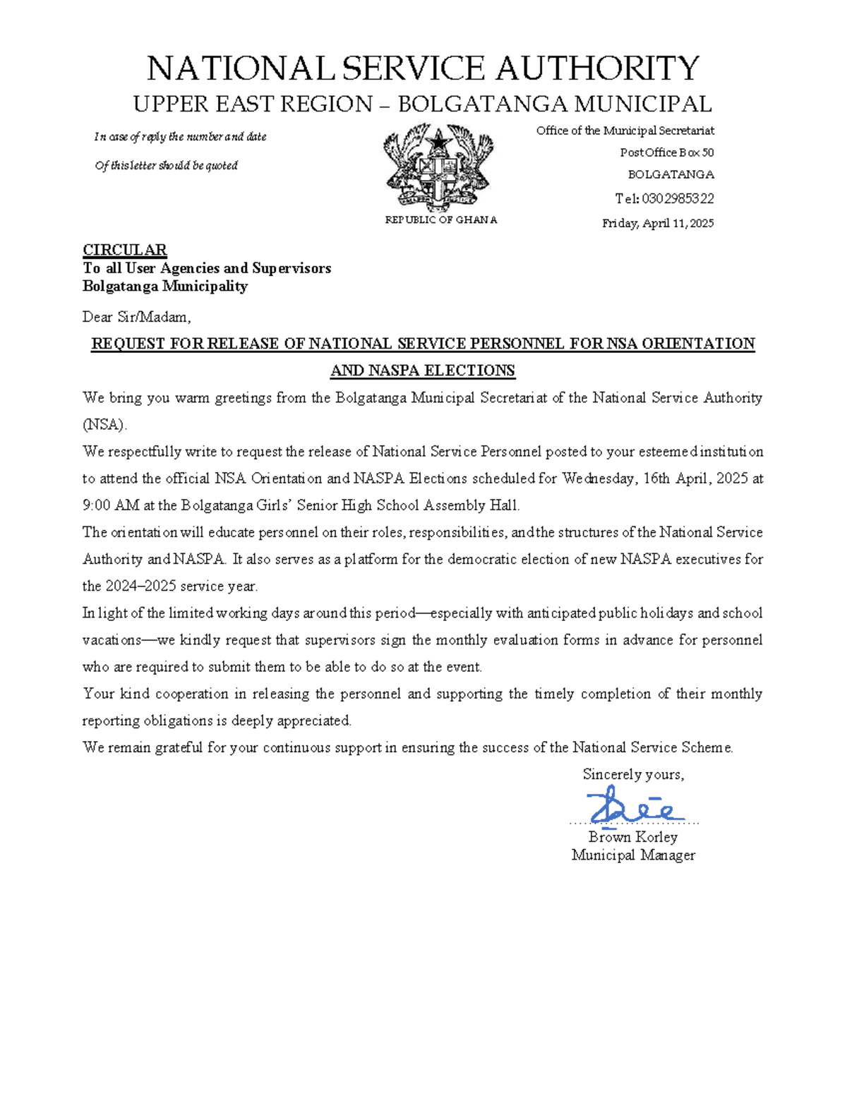 Request for release of national service personnel for NSA orientation ...