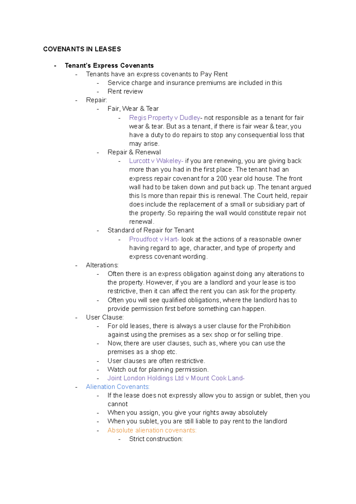 Covenants in Lease - Comprehensive Study Notes for Landlords & Tenants ...