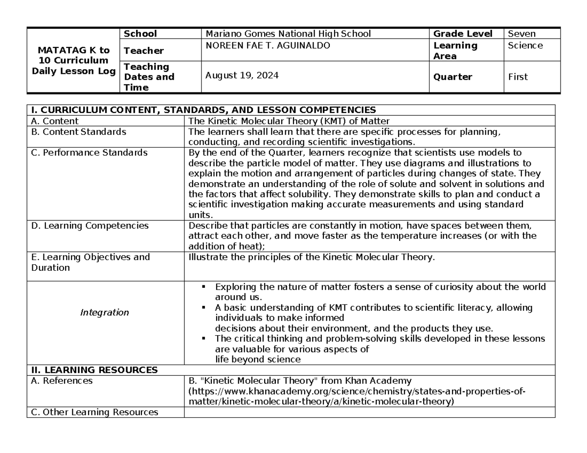 W4 Q1 Science 7 - MATATAG K to 10 Curriculum Daily Lesson Log School ...