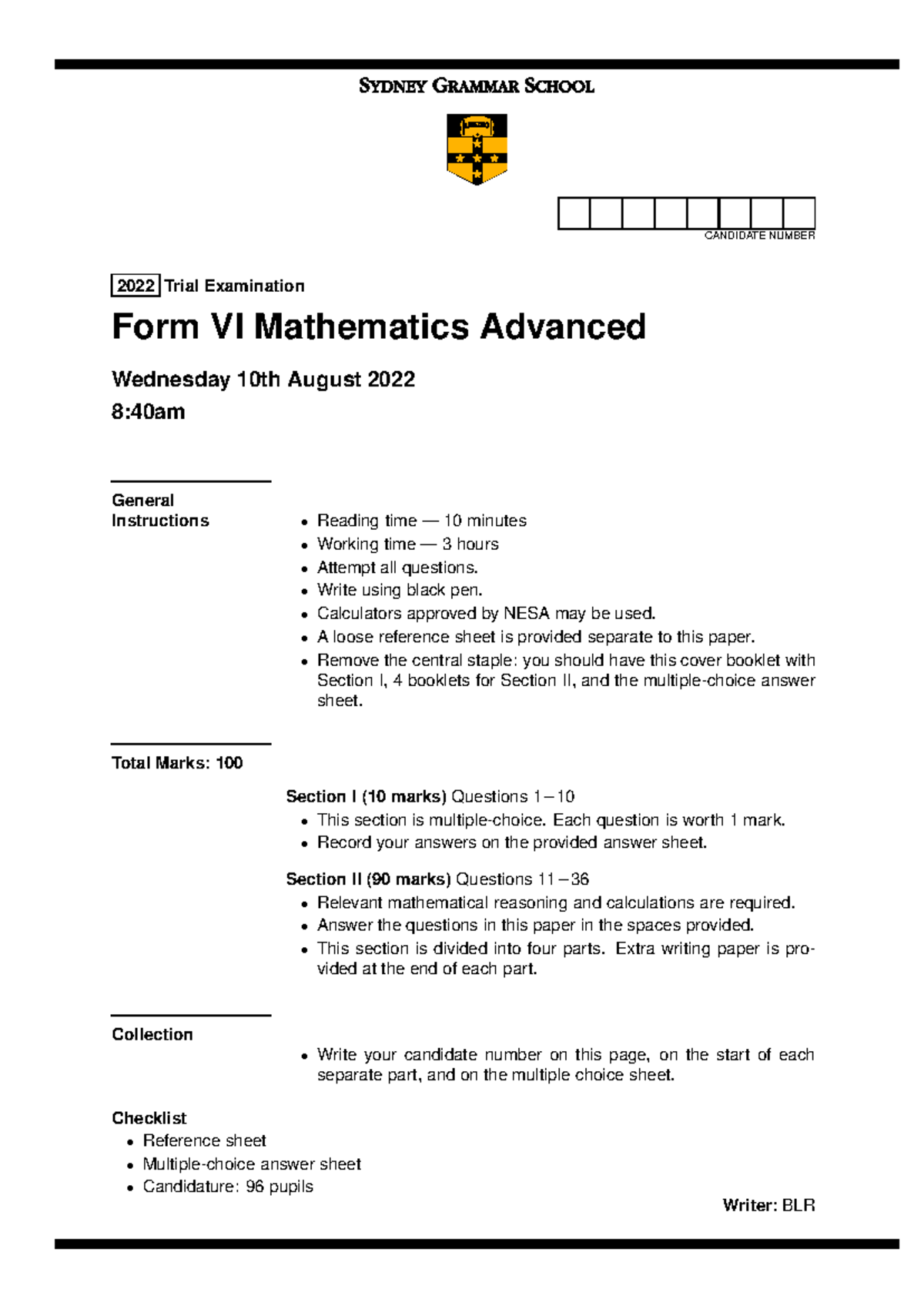2022 Math Adv Form VI Trial Exam (SYD Grammar HS) - Studocu