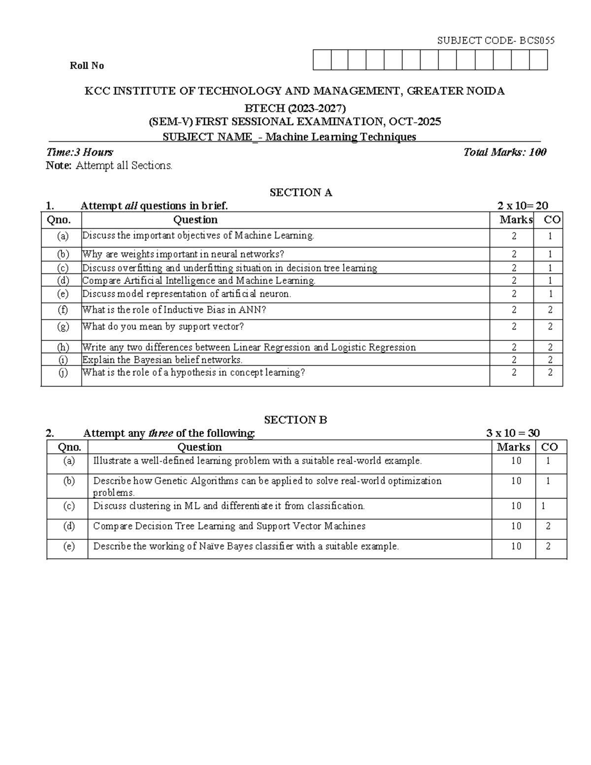 BCS055 Machine Learning Techniques - BTech 1st Sessional Exam Notes ...