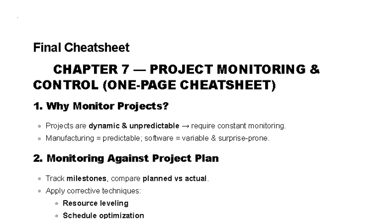 Final Cheatsheet: Project Monitoring, Closure & Software Management ...