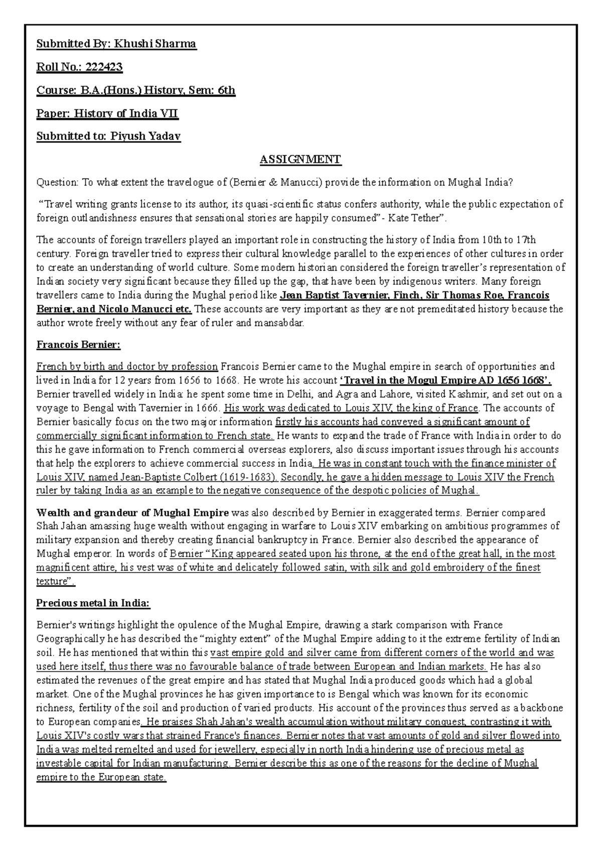 HOI 7 assignment: Analyzing Bernier and Manucci's travelogues on Mughal ...