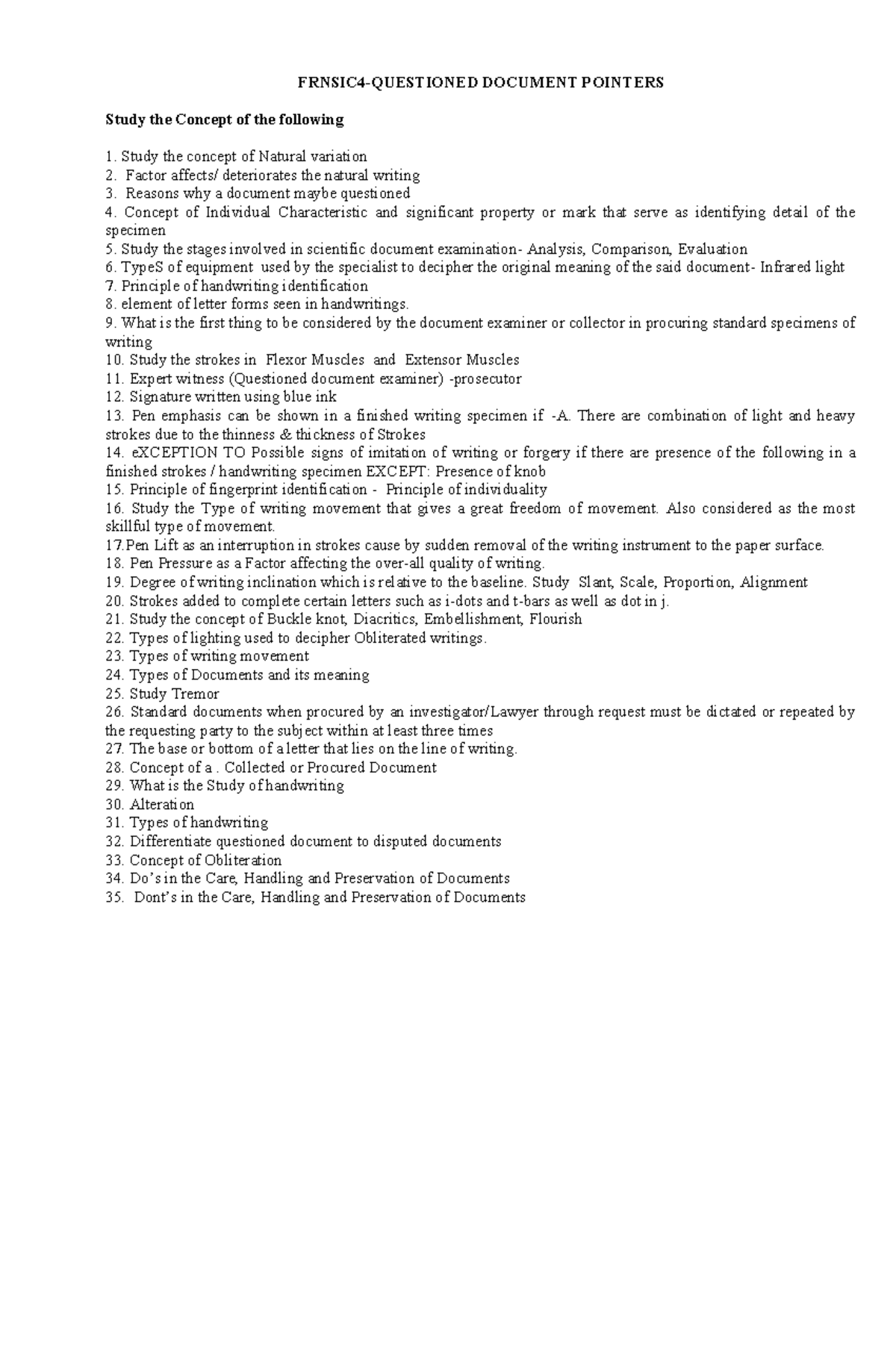 Midterm Study Notes for FRNSIC4: Questioned Document Pointers - Studocu