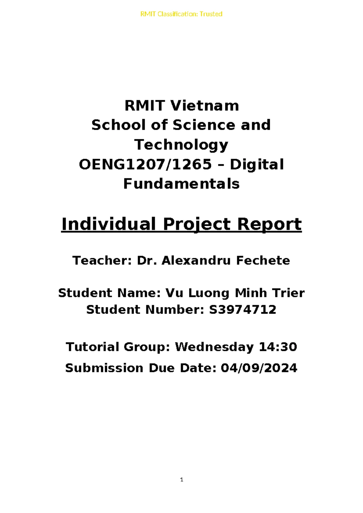 OENG1207/1265 Digital Fundamentals - Group Project Report S2 2024 - Studocu