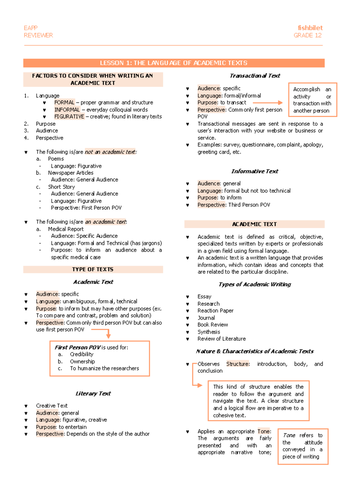 EAPP 12 Academic Texts and Summarization Techniques Reviewer - Studocu