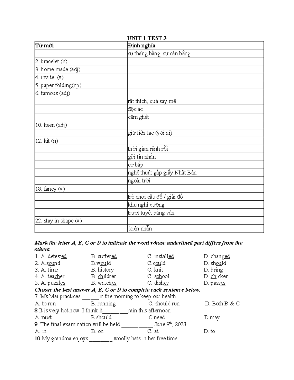 Unit 1 Test 3: Vocabulary and Grammar Exercises - Studocu