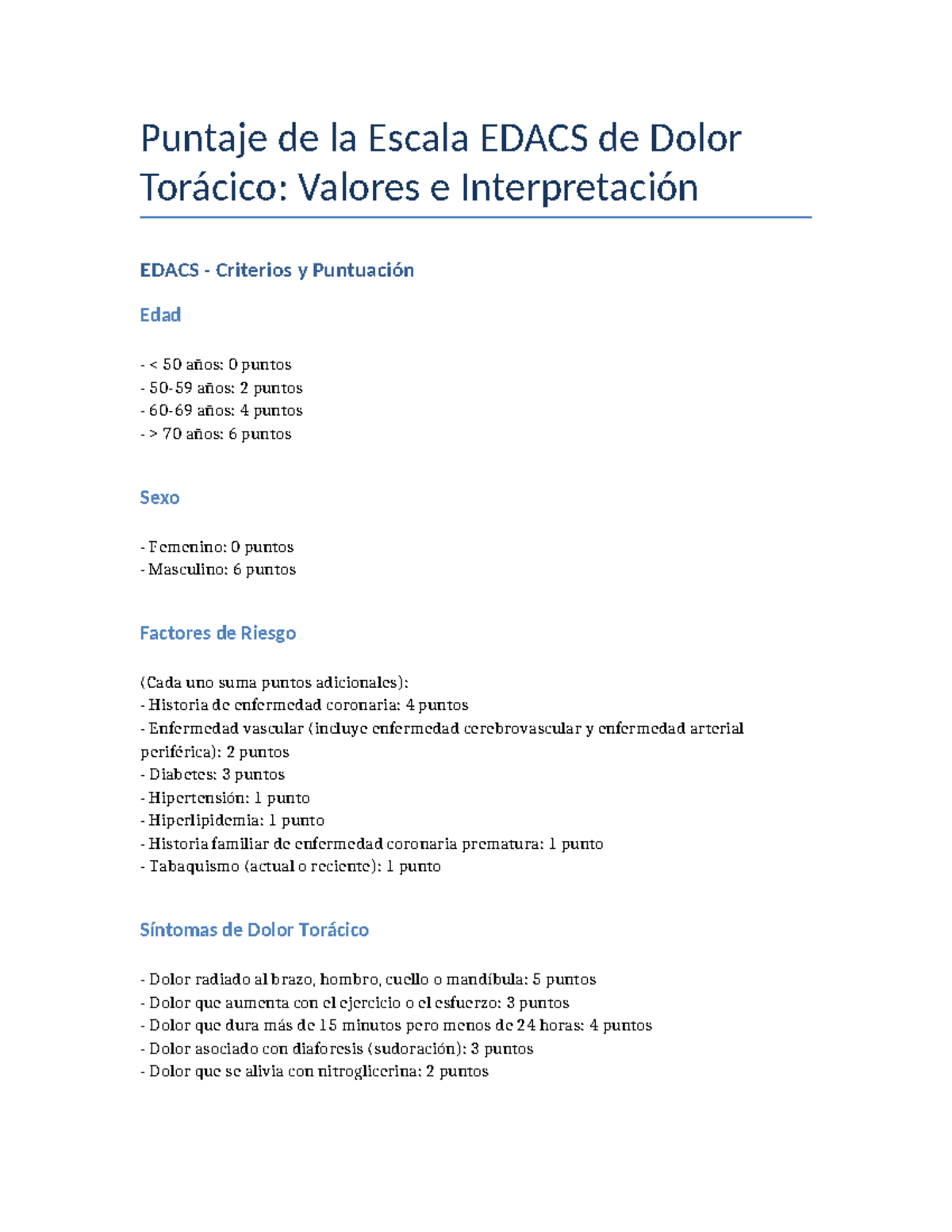 Puntaje y Criterios de la Escala EDACS para Dolor Torácico - Studocu