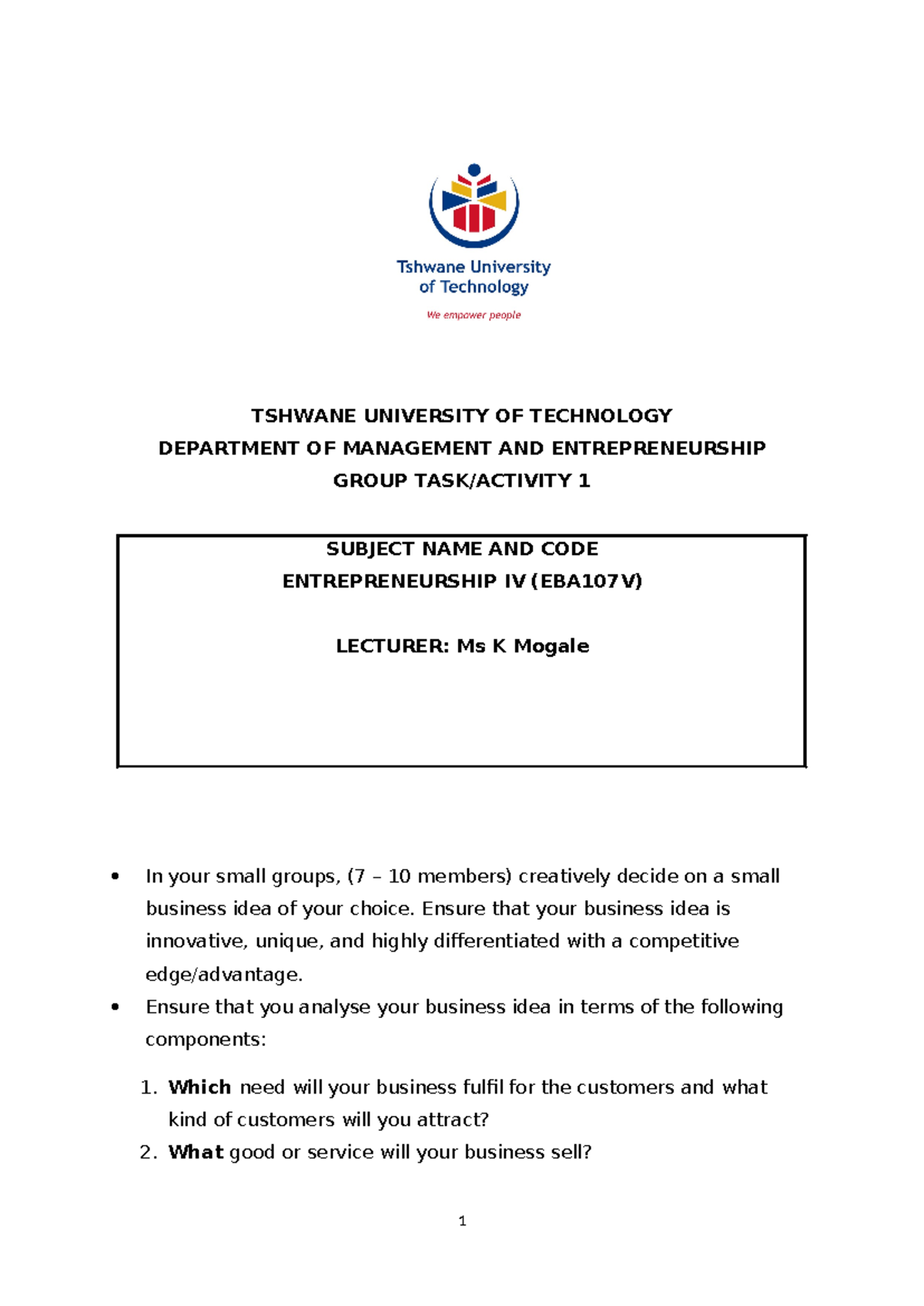 Chapter 8 - Activity 1 - Development of Business Idea - ]] TSHWANE ...