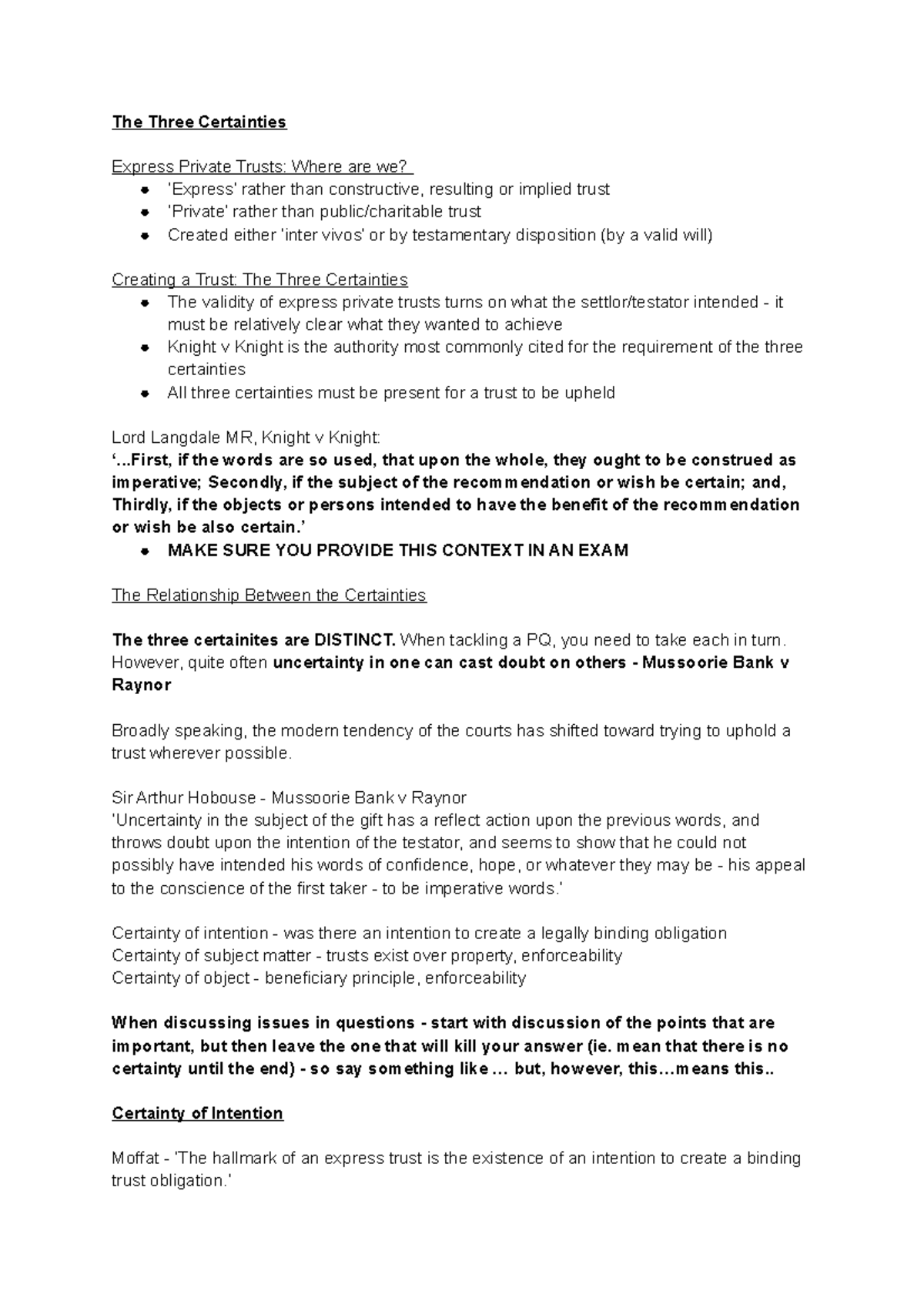 Final Exam Notes on The Three Certainties in Trust Law (TLW2023) - Studocu