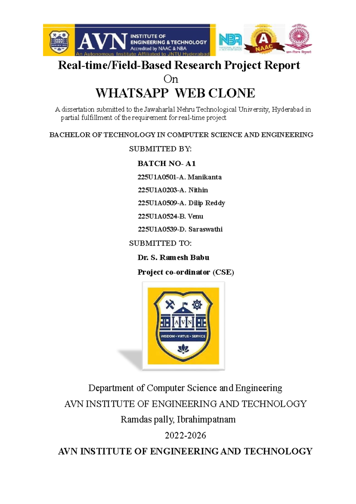 Research Project Report: WhatsApp Web Clone for B.Tech (CSE) - Studocu