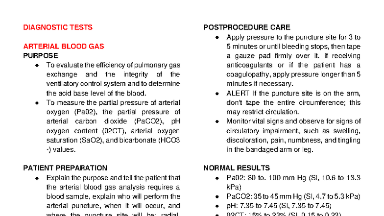 Diagnostic Tests Overview: Arterial Blood Gas & More - Studocu