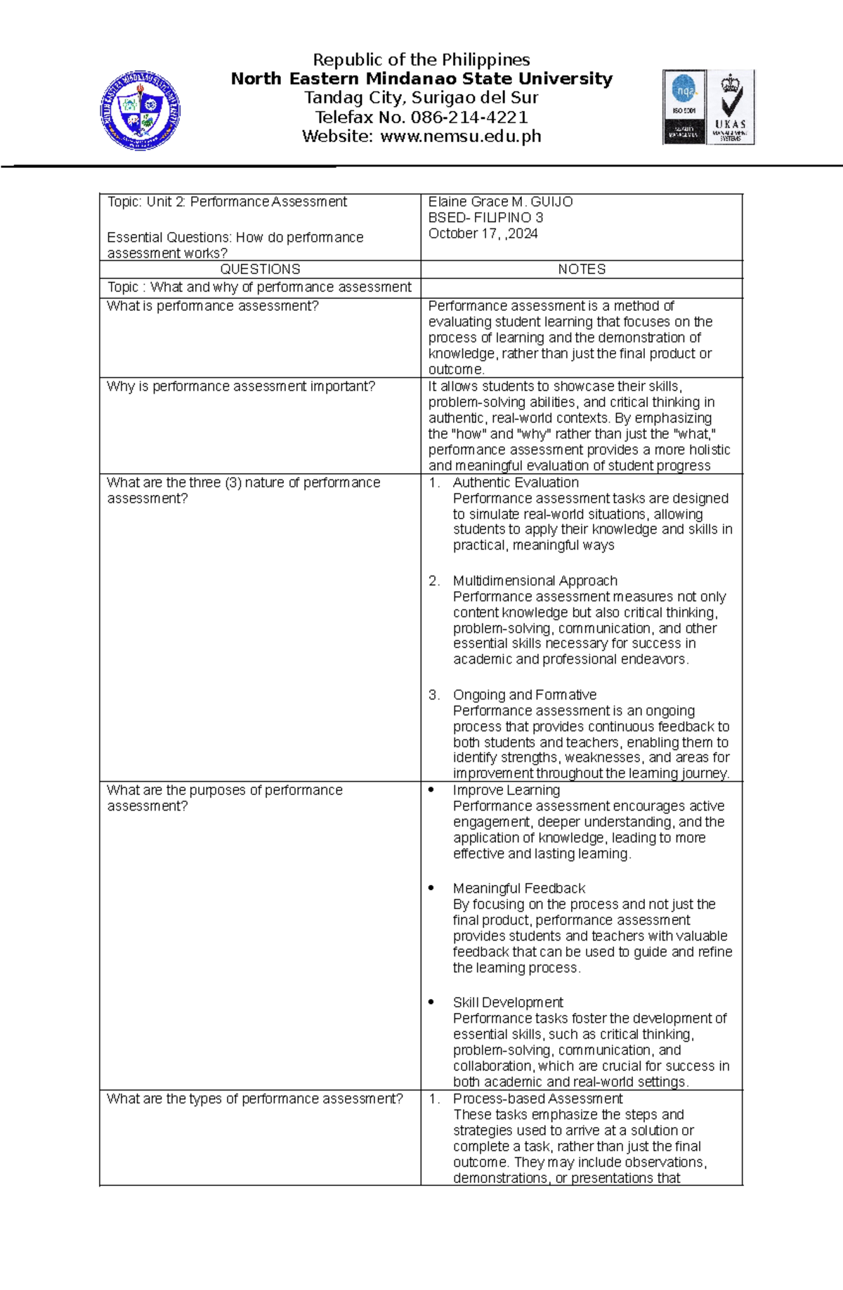BSED-FILIPINO 3: Summary of Unit 2 on Performance Assessment - Studocu